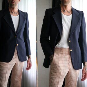 Vintage 70s Yves Saint Laurent Navy Blue Wide Lapel Blazer w/ Gold YSL Logo Butt
